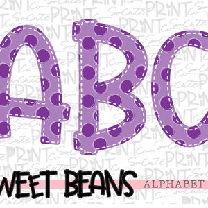 Purple polka dot alphabet, Sweet Beans printable font, alpha pack, PNG file for sublimation, create your own words, purple print alphabet