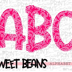 Hot pink damask alphabet, Sweet Beans printable font, alpha pack, PNG file for sublimation, create your own words, hot pink alphabet