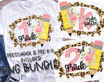 Back to school, School Bundle, leopard frame & pencil, Preschool Pre-K to 6th grade included, PNG file for sublimation, first day of school