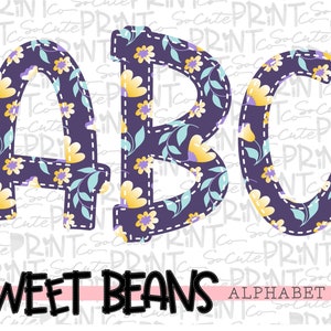 Flower alphabet, Sweet Beans printable font, alpha pack, PNG file for sublimation, create your own words, purple and yellow flower