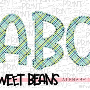Alphabet, Sweet Beans printable font, alpha pack, blue green plaid alphabet,   PNG file for sublimation, create your own words, EB002