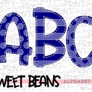Blue alphabet, 3 FULL alphabets, Sweet Beans printable font, alpha pack, PNG file for sublimation, blue polka dot & striped alphabets