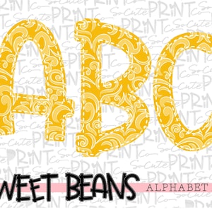 Yellow damask alphabet, Sweet Beans printable font, alpha pack, PNG file for sublimation, create your own words, yellow alphabet
