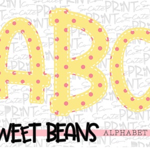 Alphabet, Sweet Beans printable font, alpha pack, yellow & pink polka dot alphabet, PNG file for sublimation, create your own words, EB006