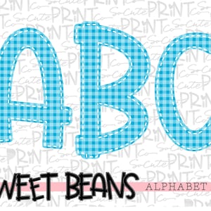Blue gingham alphabet, Sweet Beans printable font, alpha pack, PNG file for sublimation, create your own words