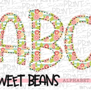 Alphabet, Sweet Beans printable font, alpha pack, teal stripe flower alphabet,   PNG file for sublimation, create your own words, EB003