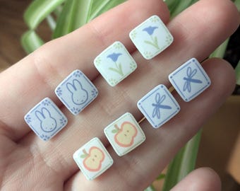 Handcrafted Whimsical Stud Earrings - Apple, Rabbit, Dragonfly, Flower