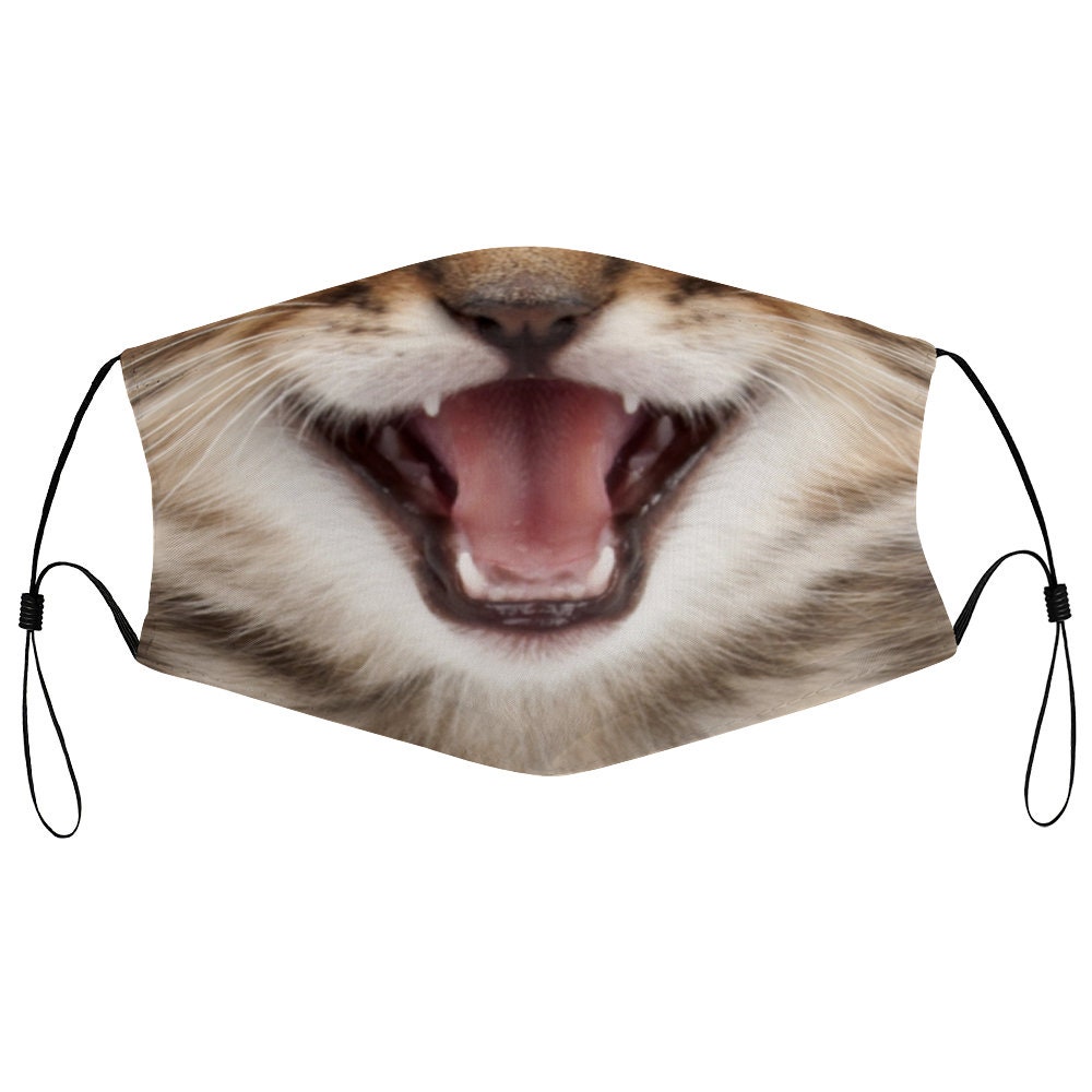 Angry Kitty Cat Face Mask Mouth Teeth Reusable Print Costume Filter Pocket