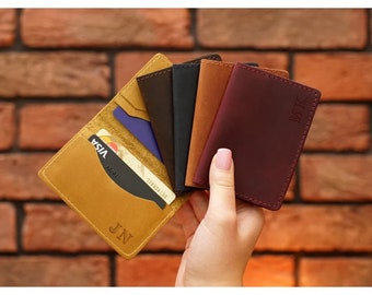 Personalized Business Card Holder, Leather Bifold Credit Card Case, Customized Business Card Holders with Embossed Initials, Slim Card Case