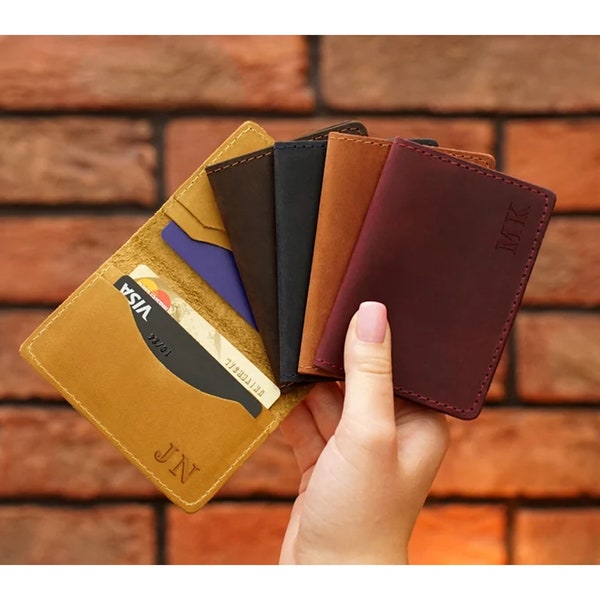 Personalized Business Card Holder, Leather Bifold Credit Card Case, Customized Business Card Holders with Embossed Initials, Slim Card Case