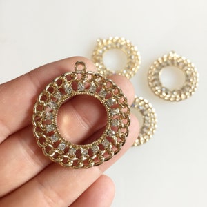 5pcs. Round Crystal Pendant, Decorative Pendant, 34mm, 14K Gold Plated Zinc Alloy