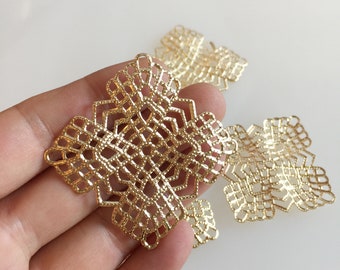 Square Filigree Pendant, Bubble Filigree, Matte Gold Plated Steel, 40mm, 3pcs.
