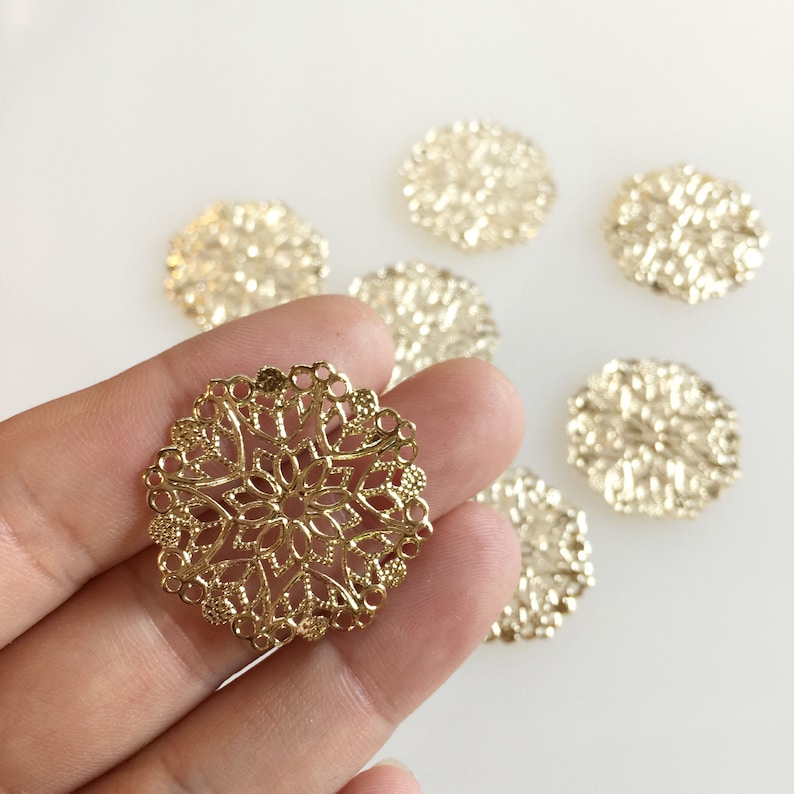 Filigree Charm 14K Gold Plated Steel Filigree Connector 28mm Filigree Disc 10pcs.