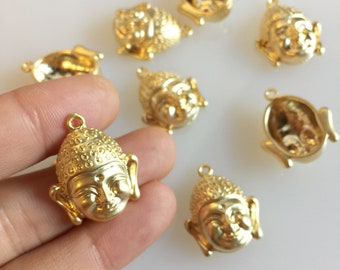 10 pcs. Buddha Charm, Buddha Pendant, Buddha Face Charm, Semi-Matte Gold Plated Zinc Alloy, 21mmx21mm