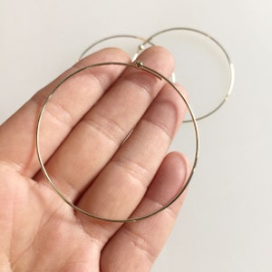 May include: A close-up of gold-colored hoop earrings. The earrings are thin and circular, with a small ball at the top where the ends meet. The earrings are held in a person's hand against a white background. The earrings are delicate and minimalist.