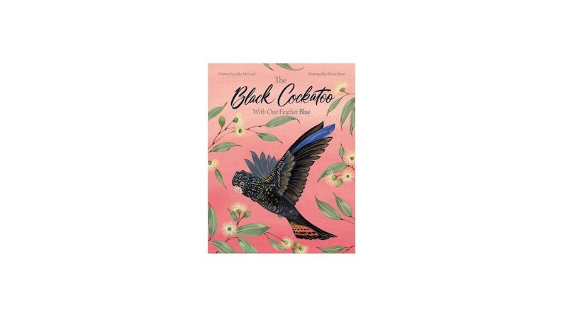 May include: Book cover featuring a black cockatoo with one blue feather flying against a pink background with green eucalyptus branches and white flowers. The title of the book is "The Black Cockatoo With One Feather Blue".