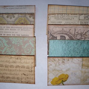 May include: A stack of vintage paper ephemera with a variety of patterns and text, including a music sheet, a floral design, and a newspaper clipping. The text on the newspaper clipping reads "The Erskine School" and "The New York Interior Decor."