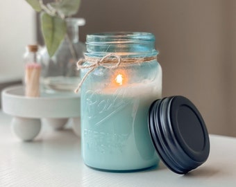 Blue Mason Jar Vintage Style Soy Wax Candle//Vintage Style Farmhouse//Blue Christmas