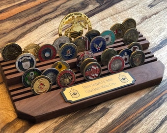 Challenge coin holder - 2 tier with engraved plaque. Black walnut, maple or cherry.