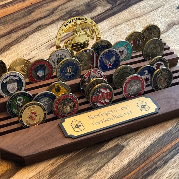 Challenge coin holder - 2 tier with engraved plaque. Black walnut, maple or cherry.