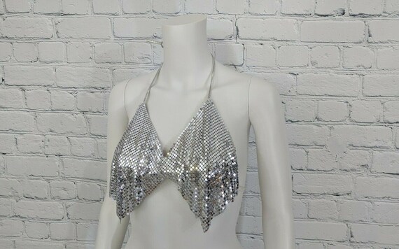 Y2K Vintage Silver Metal Mesh Halter Bra Top Size