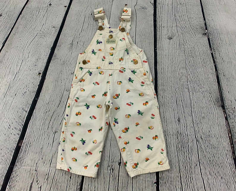 Cuecumber by Mark 1970s Vintage Kids Toddler Multi Color Fruit Print Colorful Canvas Sleeveless Overall Coveralls Size 2T