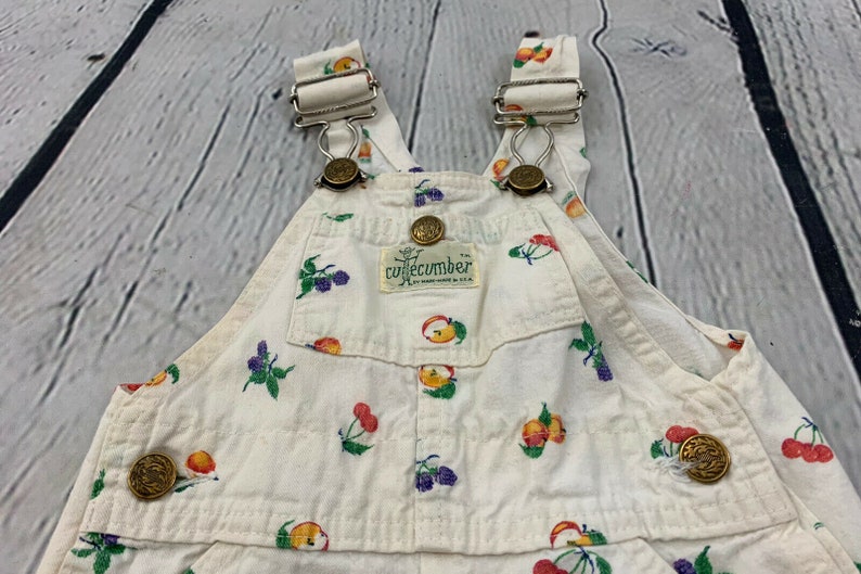 Cuecumber by Mark 1970s Vintage Kids Toddler Multi Color Fruit Print Colorful Canvas Sleeveless Overall Coveralls Size 2T