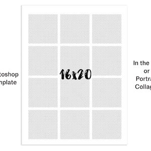 May include: Photoshop template for a 16x20 portrait collage with nine squares.