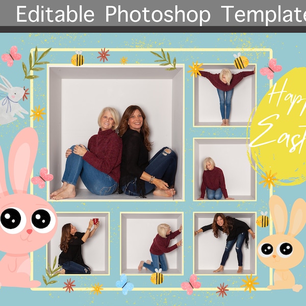 Easter In the Box Bunny / Egg  Editable Digital Photoshop Card Template Photography Background, Photo Overlay, Portraits, Holiday/ Spring