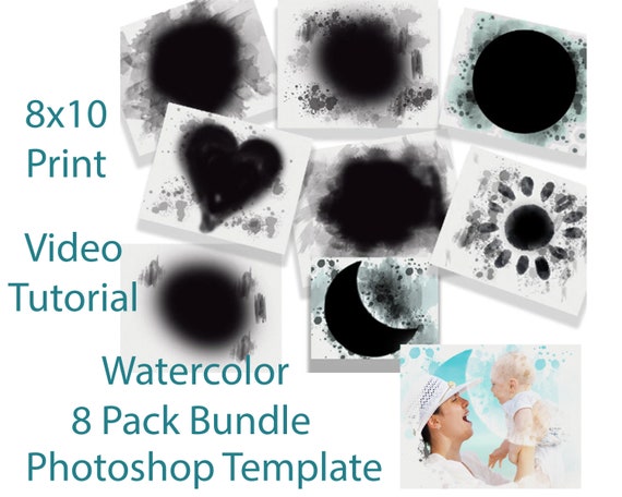 Watercolor Photo Collage 8 Pack Template for Photographers with Video Demonstrations