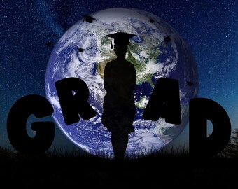 Grad Senior GRADUATION Earth Silhouette Overlay Editable  Photoshop Template for Photographers Digital Background/ bubble letters/ earth