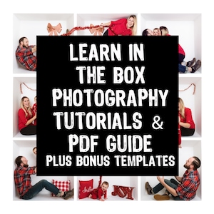 Könnte beinhalten: Lernen Sie Box-Fotografie mit Tutorials und PDF-Anleitung sowie Bonusvorlagen. Eine Collage von Bildern zeigt eine Familie, die in einem weißen Box-Set mit roten und weißen Weihnachtsdekorationen posiert.
