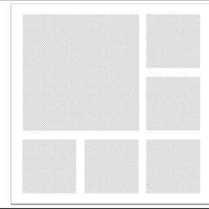 Puede incluir: Un marco de fotos blanco con cinco aberturas para fotos. El marco está dividido en cinco secciones, siendo la sección superior la más grande y la sección inferior dividida en tres secciones más pequeñas.