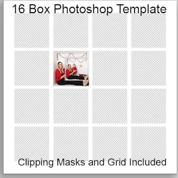 Dans la boîte Photoshop Template Digital Grid Collage & Clipping Masks 16 Boxes photographie, à l’intérieur de la boîte, modifiable,