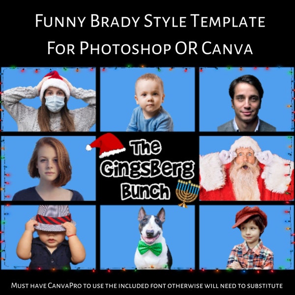 Funny Brady Style Your Bunch Photoshop and CANVA TEmplate Holiday Card for Christmas and Hanukkah Deluxe  for Photographers "In the Box"