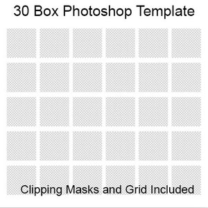 Może przedstawiać: Szablon Photoshopa z 30 polami ułożonymi w siatkę 5x6. Pola są przezroczyste i można ich użyć do stworzenia kolażu lub innego projektu wizualnego. Tekst "Clipping Masks and Grid Included" znajduje się na dole obrazu.