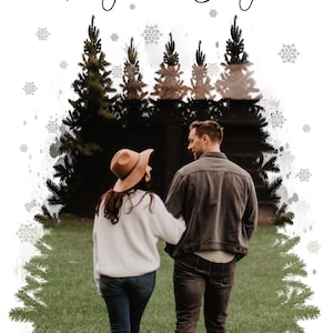 Christmas Tree Farm with Snowflakes Holiday Card Watercolor Style Photoshop Template for Photographers- Vertical