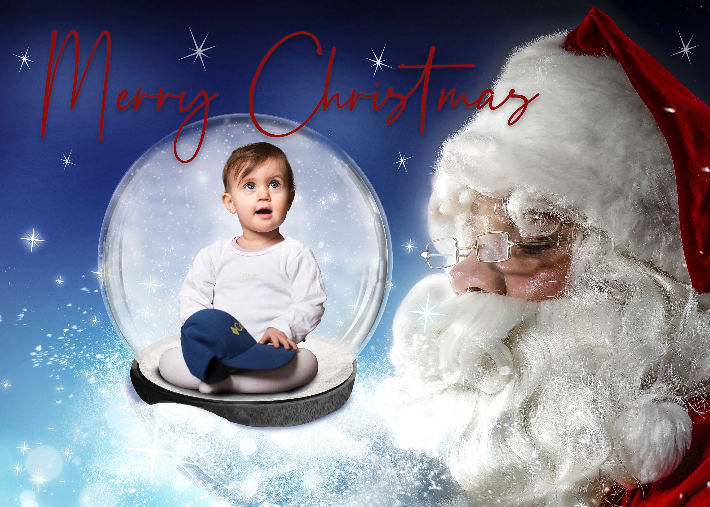 Santa Holding a Snow Globe Holiday Christmas Card Template for