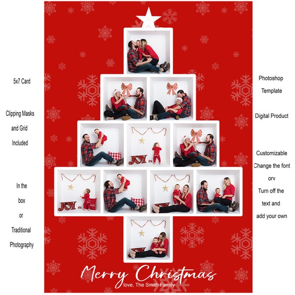 Christmas Tree Red Snowflakes 11 Box "in the box" Holiday Card Photoshop Template for Photographers