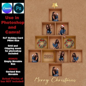 Plantilla de cartón para árbol de Navidad en caja de CANVA y PHOTOSHOP, MÁSCARAS DE RECORTE, descarga digital, tutoriales en video, edición de Photoshop