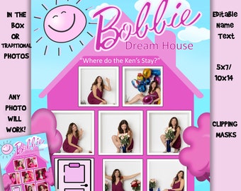 In the Box Doll Pink Dream House photoshop Template, digital download, photo, bachelorette, birthday invite, editable personalized card