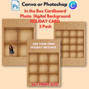 4, 9 y 16 en la caja Cajas de cartón vacías TARJETA DE FIESTAS Fondo digital para CANVA y PHOTOSHOP Paquete de 3 plantillas de fotografía