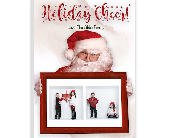Santa Smile Holding Red Frame Photoshop Holiday/ Christmas Card Template with Clipping Masks In the Box, Family, Kids,