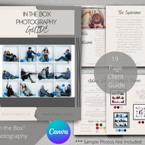 In the Box Photography Client Guide Marketing Editable CANVA Template/ Style Guide for Photographers/ Client Welcome Magazine/ Pricing Guide