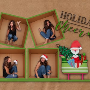 Plantilla de Photoshop de Papá Noel de cartón en una caja, fotografía digital, editable, máscaras de recorte