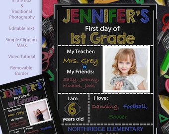 First Day of School Chalkboard Digital In the Box Photoshop Template Collage/Preschool/Kindergarten/Graduation/School/Portraits/Photography