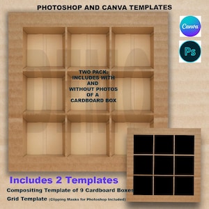 Paquete de 2 plantillas para CANVA y PHOTOSHOP de 9 cajas de cartón en una caja MÁSCARAS DE RECORTE, descarga digital, tutoriales en video, edición con Photoshop
