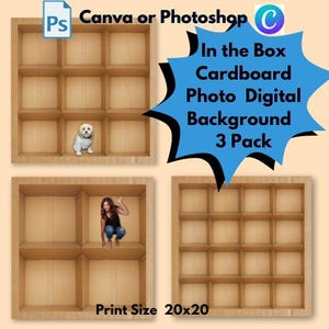 4,9 y 16 en la caja Cajas de cartón vacías Fondo digital para CANVA y PHOTOSHOP Paquete de 3 Fondo de fotografía, en la caja