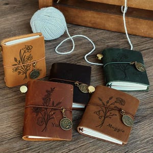 Caderno de bolso retrô de couro personalizado, mini diário de viagem de couro personalizado, planejador de agenda de diário portátil de bolso, presente para ela