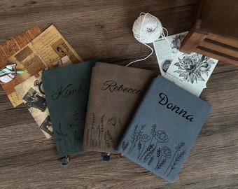 Personalized Name Flower Journal, Custom name Leather Journal, Personalized Notebook A5, Engraved Journal, Business Gift, Handmade Gift
